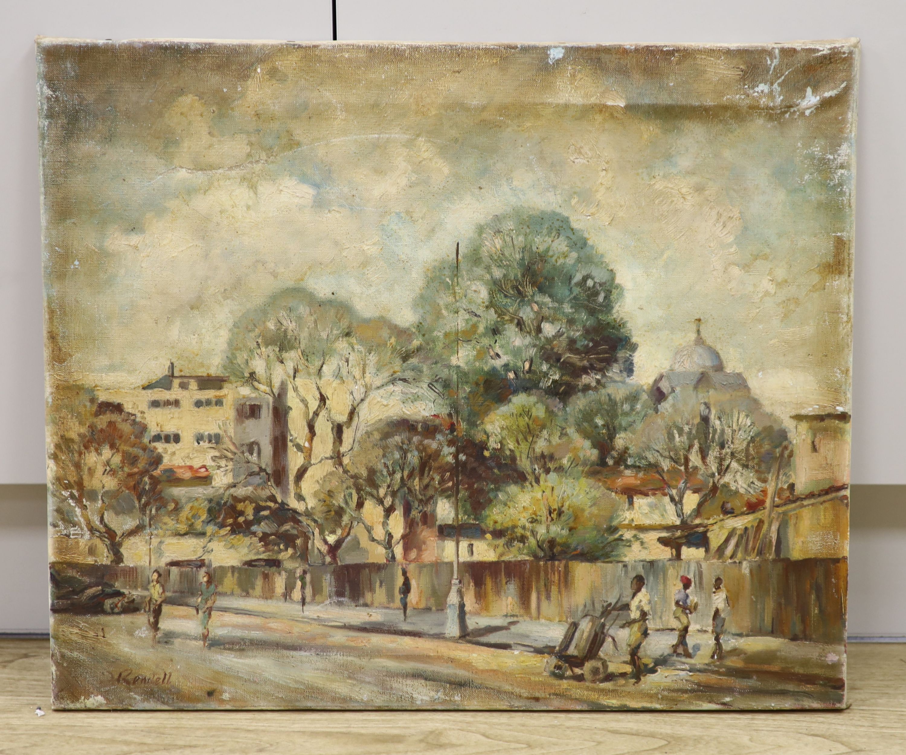 J. Rendell, oil on canvas, 'Behind Meikles Hotel, Manica Road, Rhodesia', signed and inscribed verso, 51 x 61cm, unframed